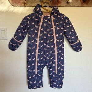 Baby Boden Blue Snowsuit with Pink Doe Print Size 18-24 Months